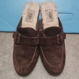 UGG Chocolate Suede Fur-Lined Slip-Ons